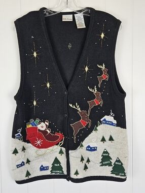 Vintage Bobbie Brooks Christmas Sweater Vest Button Up V Neck Holiday Womens L